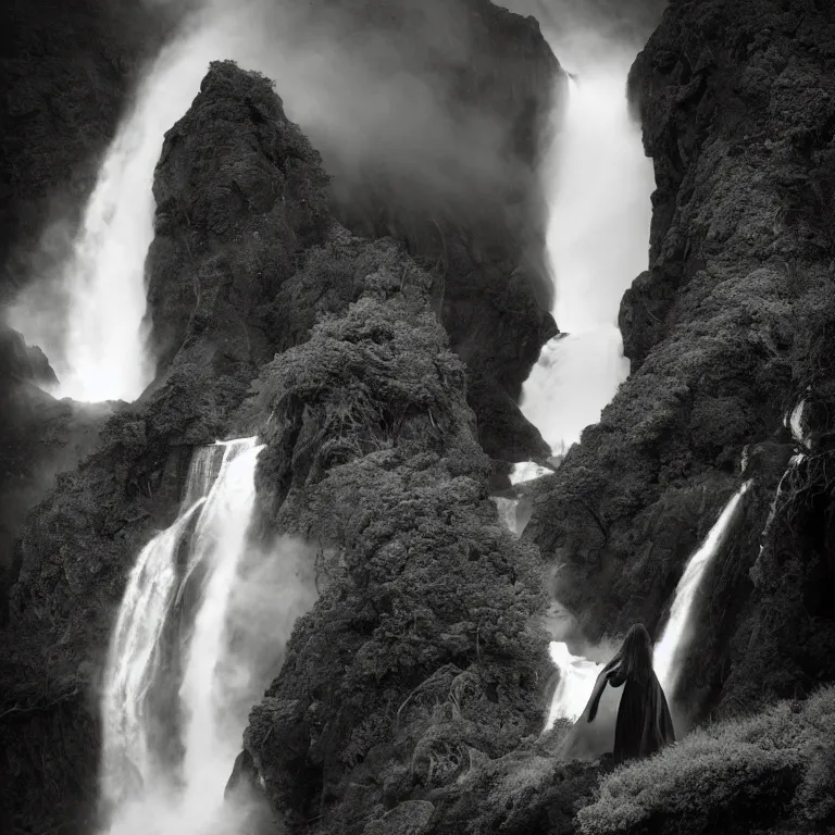 Prompt: dark and moody portrait by ansel adams and pedar balke and wayne barlow, a woman in an extremely long white billowing flowing shhining white dress made out of smoke, standing inside a green mossy irish rocky scenic landscape, huge waterfall, volumetric lighting, backlit, atmospheric, fog, extremely windy, soft focus