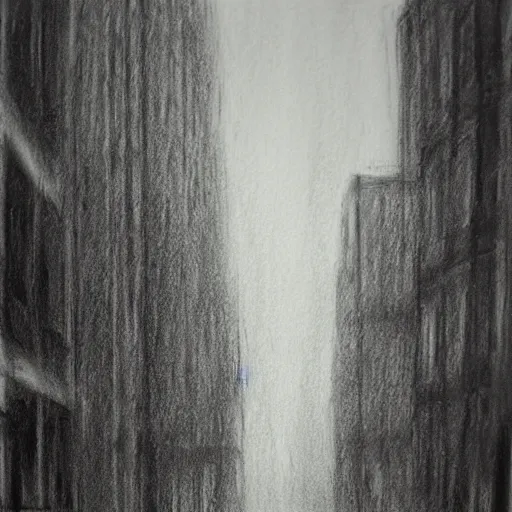 Prompt: charcoal drawn cityscape in the rain