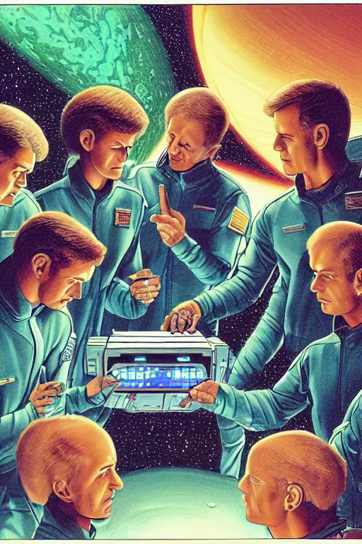 Image similar to an illustration of the crew of a spaceship are huddled over a glowing console, by barclay shaw