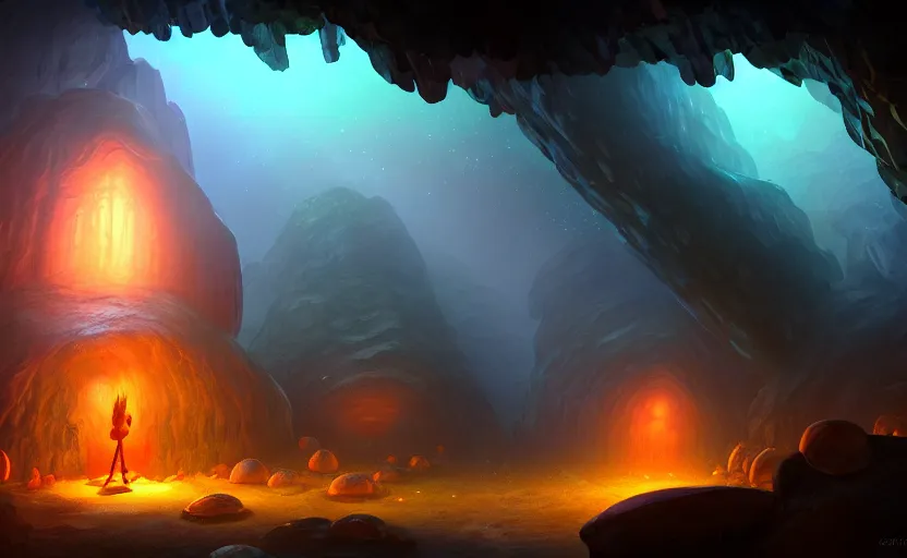 Prompt: a blurry ambient glowing crystal in the distance of a giant cave, mushrooms, dynamic lighting, ambient lighting, atmospherical, photorealistic fantasy concept art, trending on art station, stunning visuals, creative, cinematic, ultra detailed