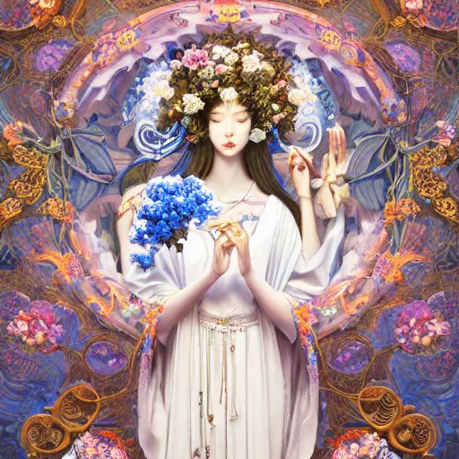 Image similar to breathtaking detailed concept art painting of the goddess of nemophila flowers, orthodox saint, with anxious, piercing eyes, ornate background, amalgamation of leaves and flowers, by Hsiao-Ron Cheng, James jean, Miho Hirano, Hayao Miyazaki, extremely moody lighting, 8K