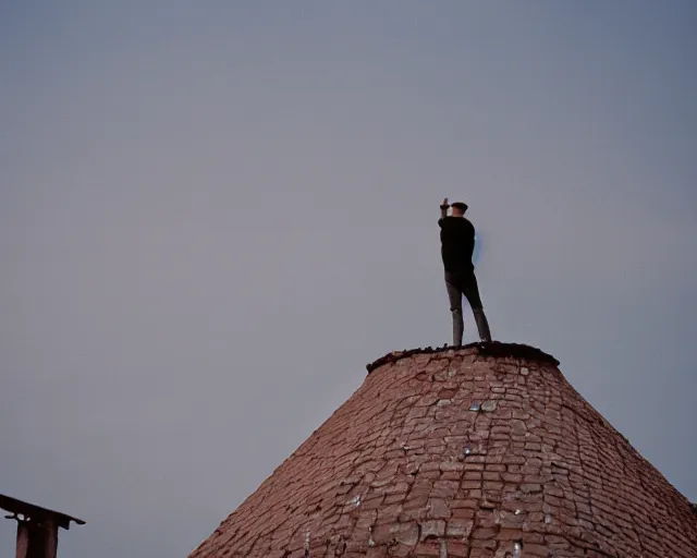 Image similar to lomo photo of man standing on the roof of soviet hrushevka, small town, cinestill, bokeh, out of focus