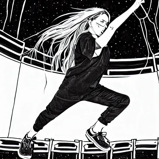 Image similar to billie eilish jumping on stage, line drawing