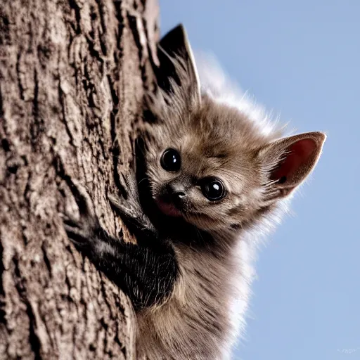 Image similar to a bat kitten, in a tree, 200m f8