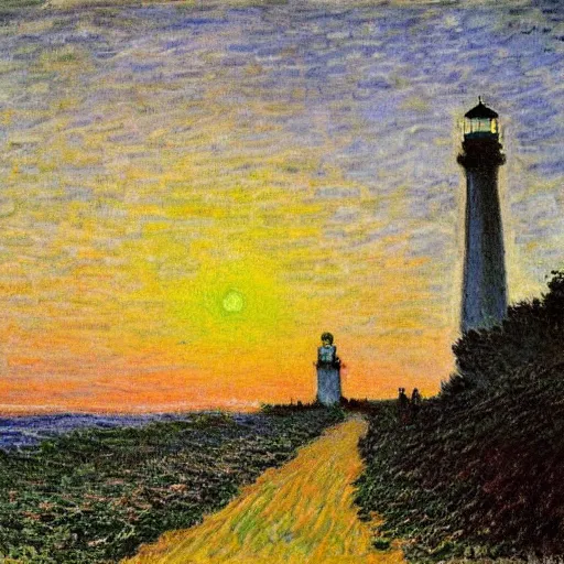 Prompt: A road leading to the lighthouse,dusk, by Claude Monet