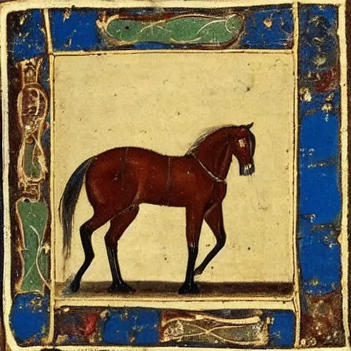 Image similar to medieval painting of a horse by someone who does not know what a horse looks like.