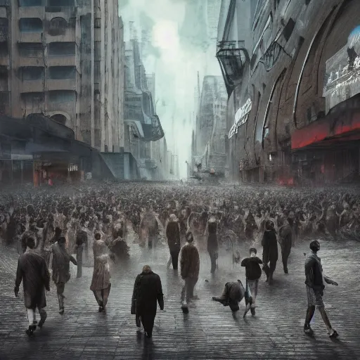 Image similar to hordes of drone-like people aimlessly walking around a depressing dystopian cityscape , trending on artststion, hyper realistic, surreal, melancholic, 8k, upscaled