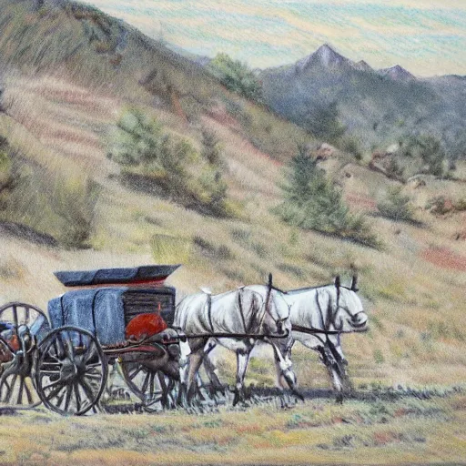 Image similar to old west oregon trail wagon train, painting, sketch