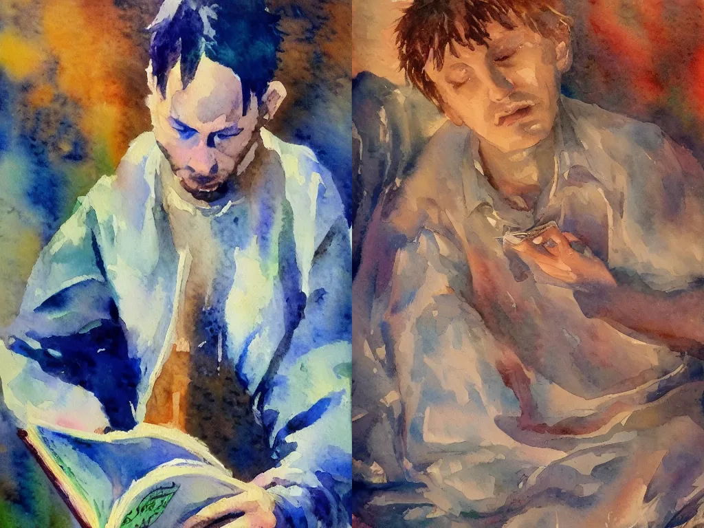 Prompt: big impressionist watercolor strokes by Andrew Henderson, by Rae Klein and by Anthony Cudahy, dramatic lighting, ap art, love art, an extreme close-up of a spiritually divine individual changing the page of a book by Mark Tennant, fine art america, japanese woodblock