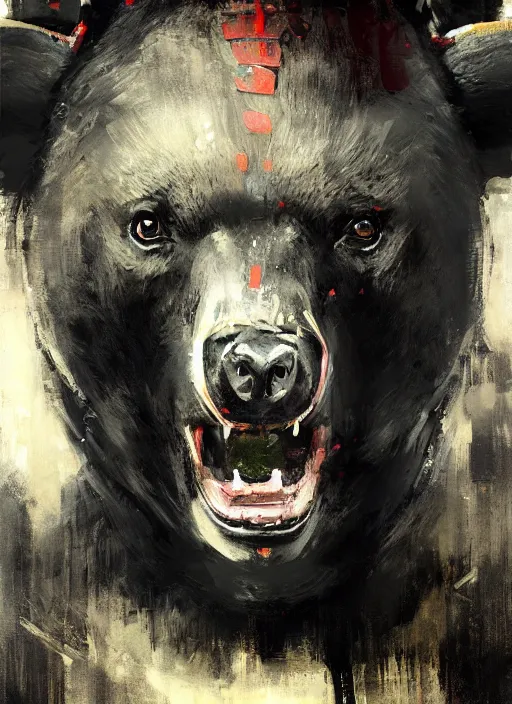 Prompt: portrait painting of anthropomorphic black bear samurai by jeremy mann, only one head single portrait