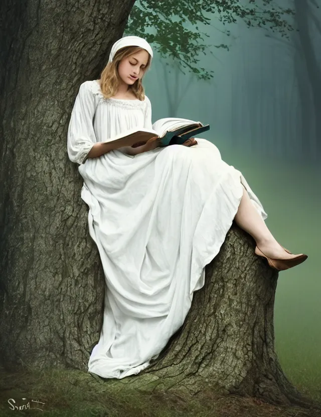 Image similar to beautiful peasant Girl in long white dress reading a book sitting on a tree in a foggy forest, Cinematic focus, Polaroid photo, vintage, neutral colors, soft lights, by Steve Hanks, by Serov Valentin, by lisa yuskavage, by Andrei Tarkovsky 8k render, detailed, oil on canvas