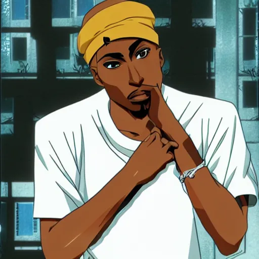 Image similar to Tupac Shakur, screenshot from a 2012s anime