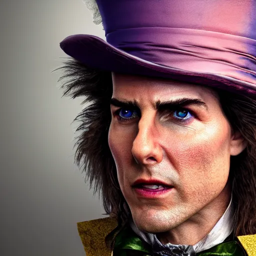 Prompt: Tom Cruise as the Mad Hatter in Alice through the Looking glass, hyperrealistic, highly detailed, depth of field, High definition, 8k, octane render, artstation