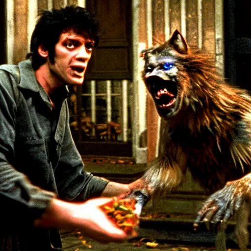 Image similar to film still of a funny looking werewolf extending out his hand, asking for food, in an american werewolf in london