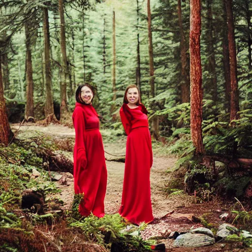 Image similar to Women in red near a lake in a forest between mountains