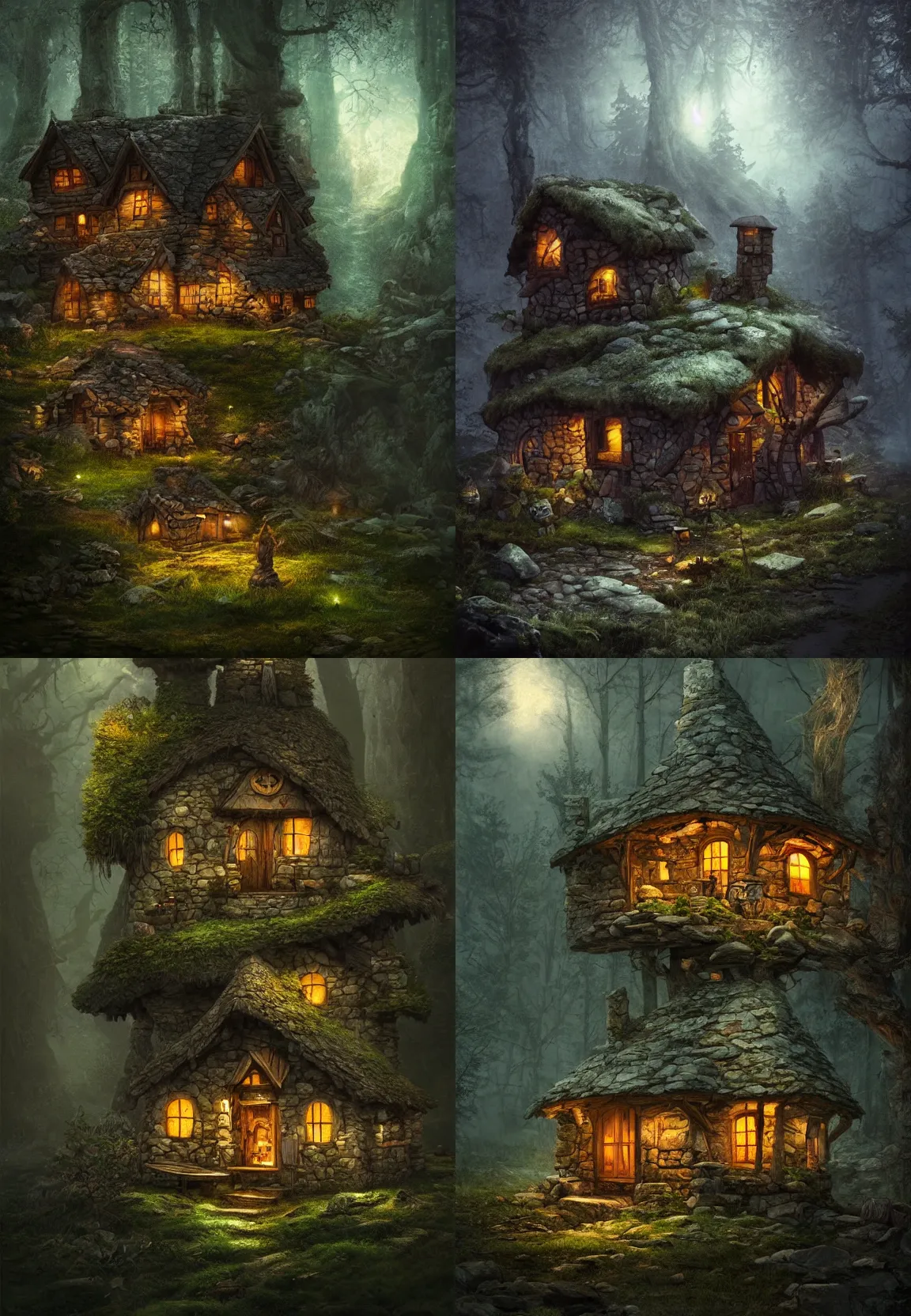 Prompt: small stone cabin on a fantasy forest at night, artstation hq, photorealistic, hiperrealistic, sharp focus, 4 k uhd, cinematic shot, cinematic lightning, dark tones, high contrast, intricate, masterpiece, brian froud