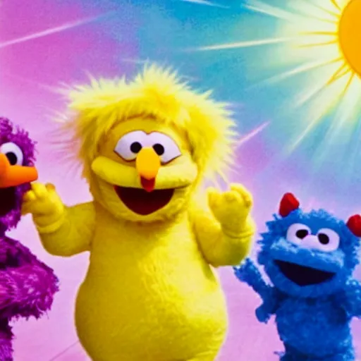 Prompt: big bird from Sesame street fist fighting a teletubby, the baby sun from teletubbies crying in the background, 4k