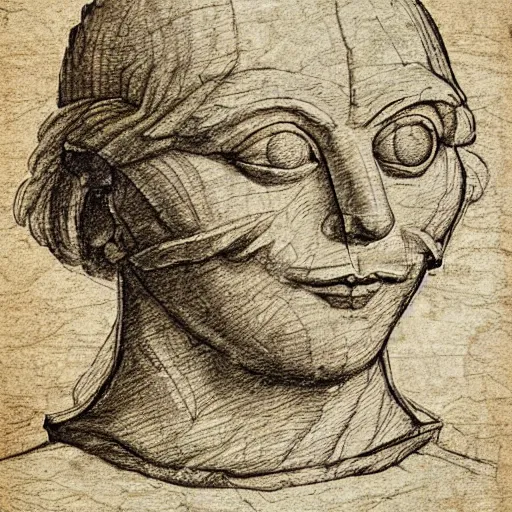 Image similar to ancient information about pepe drawn by leonardo davinci in papyrus paper, sketch, detailed, hyper realistic