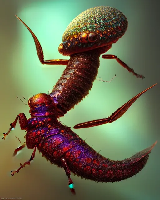 Image similar to dichroic ant axolotl snail bug bee fly worm caterpillar fish, (((artstation, concept art, smooth, sharp focus, artgerm, Tomasz Alen Kopera, Peter Mohrbacher, donato giancola, Joseph Christian Leyendecker, WLOP, Boris Vallejo))), octane render, unreal engine, 3d render, , octane render, nvidia raytracing demo, grainy, muted