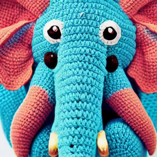 Image similar to close up of a cute crocheted elephant, concept art, illustrated, highly detailed, high quality, bright colors, optimistic,