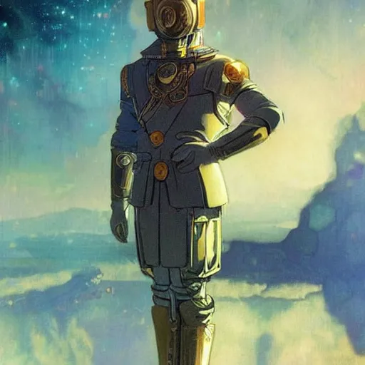 Image similar to uncannily beautiful blonde man, genetically perfect, with distant expression and piercing blue eyes, wearing fascist Byzantine police uniform and standing in ancient bronze arcology airlock, science fiction concept art by Anato Finnstark, Alphonse Mucha, and Greg Rutkowski