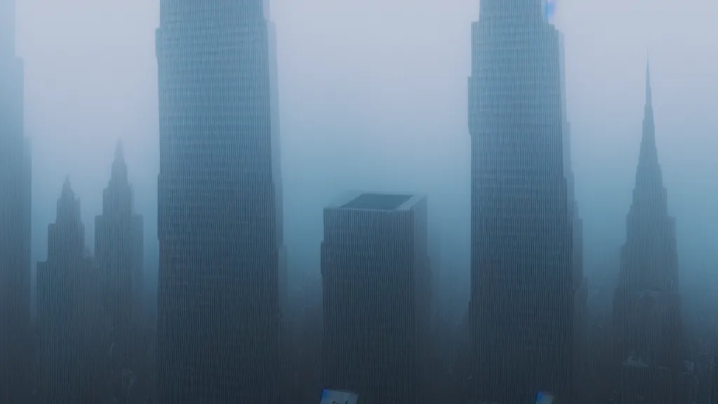 Image similar to Hulk sized Obama towers over a foggy Manhattan; by Beeple; 4K