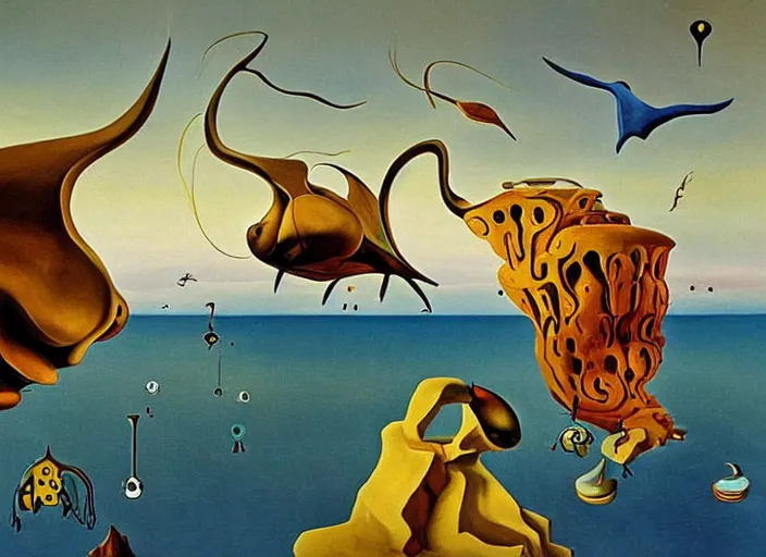 Image similar to the flying creatures from thatgamecompany's journey painted by salvador dali