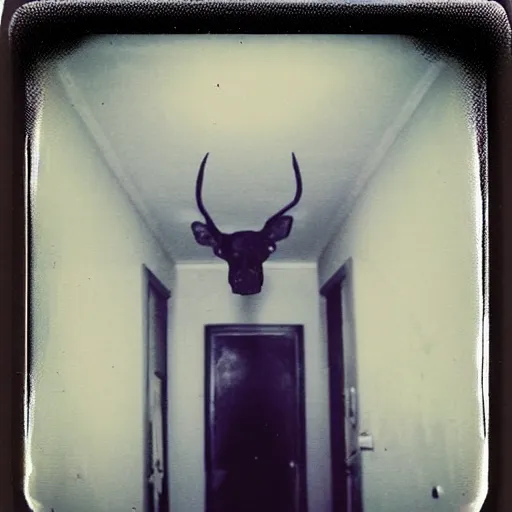 Image similar to a terrifying monster at the end of a hallway, dark!, creepy, deer skull, nightmare fuel!!!, unsettling, uncanny valley!, old polaroid, expired film,