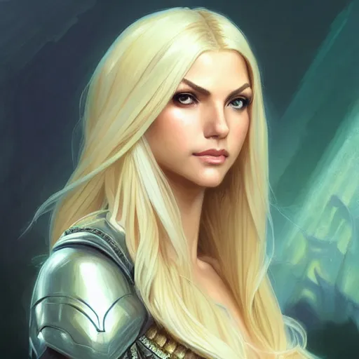 Prompt: Blonde Victoria Justice with green eyes as Emma Frost, western, D&D, fantasy, intricate, elegant, highly detailed, digital painting, artstation, concept art, matte, sharp focus, illustration, art by Artgerm and Greg Rutkowski and Alphonse Mucha