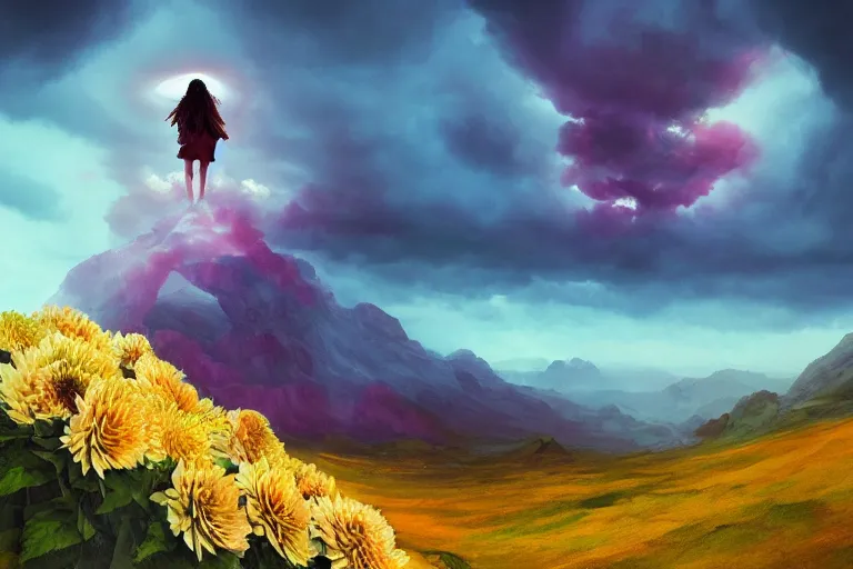 Image similar to face covered giant dahlia flower, girl on mountain, surreal photography, blue storm clouds, dramatic light, impressionist painting, digital painting, artstation, simon stalenhag