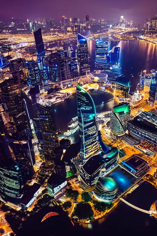 Prompt: futuristic singapour view at night from a plane