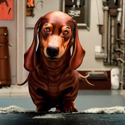 Image similar to creepy fat dachshund, practical fx horror film, body horror, cronenberg