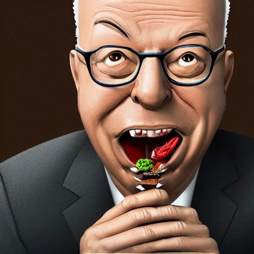 Image similar to a funny charicature of Klaus Schwab eating some bugs and worms, cartoony, highly detailed, gruwesome details, 8k
