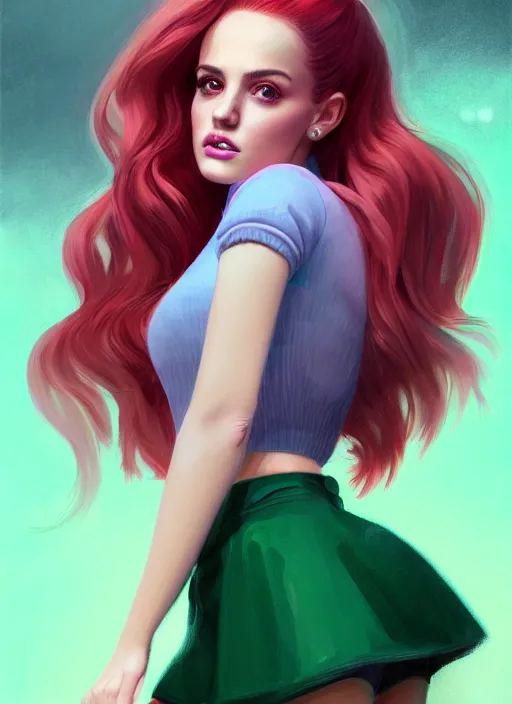 Image similar to full body portrait of teenage cheryl blossom, bangs, green eyes, sultry expression, red hair, sultry smirk, bangs and wavy hair, pink skirt, intricate, elegant, glowing lights, highly detailed, digital painting, artstation, concept art, smooth, sharp focus, illustration, art by wlop, mars ravelo and greg rutkowski