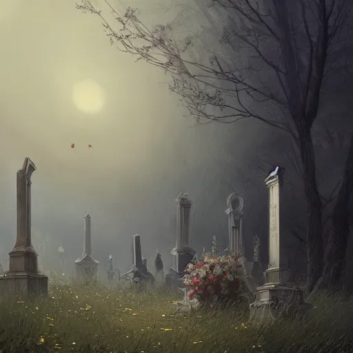 Image similar to The last spirit living in the cemetery, flowers, illustrated by Greg Rutkowski and Caspar David Friedrich. Trending on artstation, artstationHD