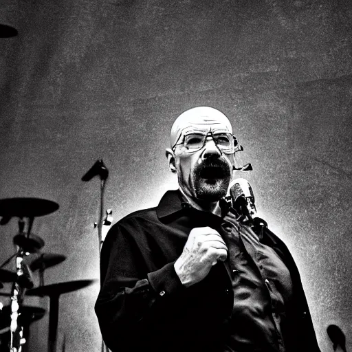 Image similar to Walter white singing at a death metal concert, photography, wide angle, sharp, cinematic