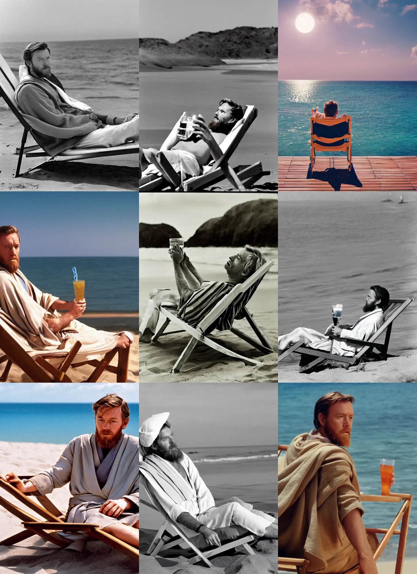 Prompt: a photograhpy of obi wan kenobi lying on a deck chair on the beach and drinking his drink