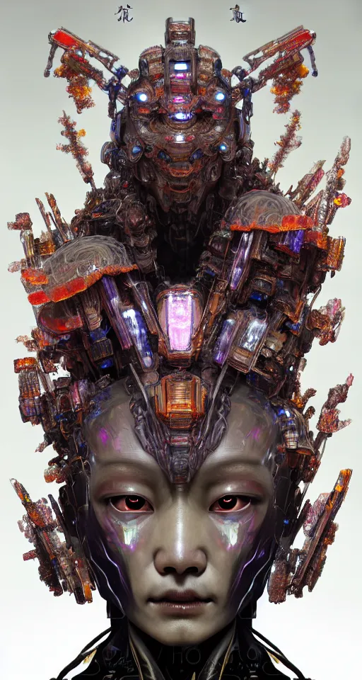 Image similar to asura from chinese myth, ghost, gorgeous and huge head ornaments, dystopian, cyberpunk, organic fractal mycelum and fungi, mecha, halfturn portrait of a big crystal face made of crystals half - turn, ominous, intricate, studio, art by anthony macbain + greg rutkowski + alphonse mucha, concept art, 4 k, sharp focus