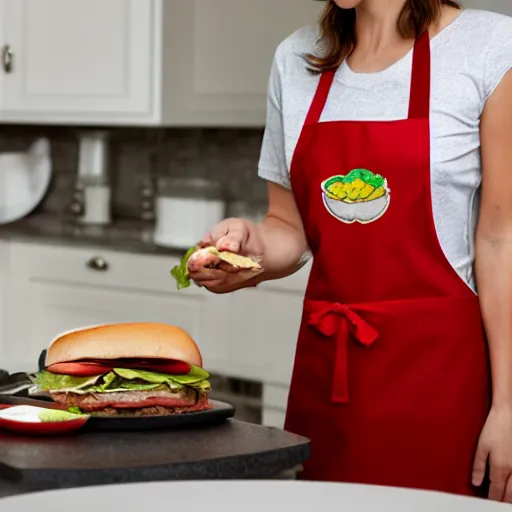 Prompt: Bridgette B making a turkey sandwich with lettuce and tomato in the kitchen. Cute apron. Photo realistic. Rays coming in through the window.