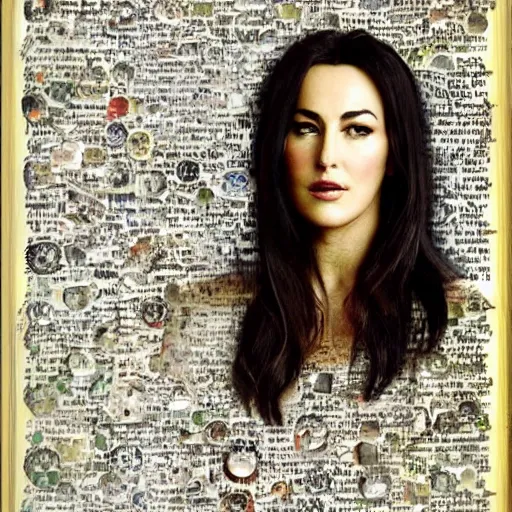 Image similar to a beautiful!!! collage art portrait of Monica Bellucci constructed from pages from alchemical grimoires, 8K, highly detailed, cryptic and mysterious, hypermaximalist, photorealistic