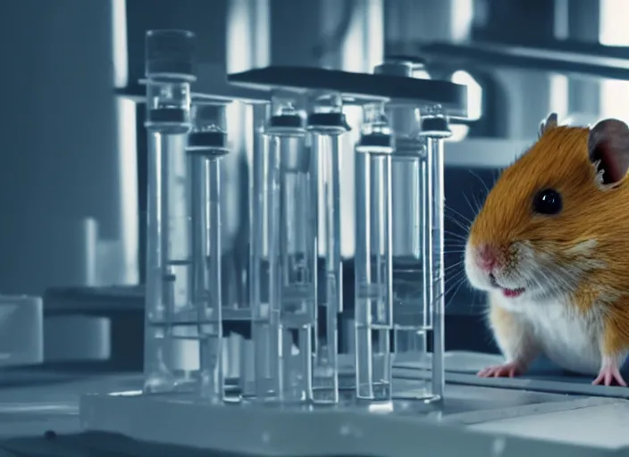 Image similar to film still of a hamster working in a research lab filling test tubes, 8 k