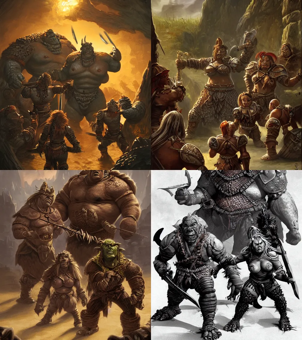 Prompt: a large female orc woman wearing leather armor confronting three small soldiers during a siege | hyper detailed | dungeons and dragons | volumetric lighting | style of jeff easley, ralph horsley, frank frazetta | big fat strong orc woman |