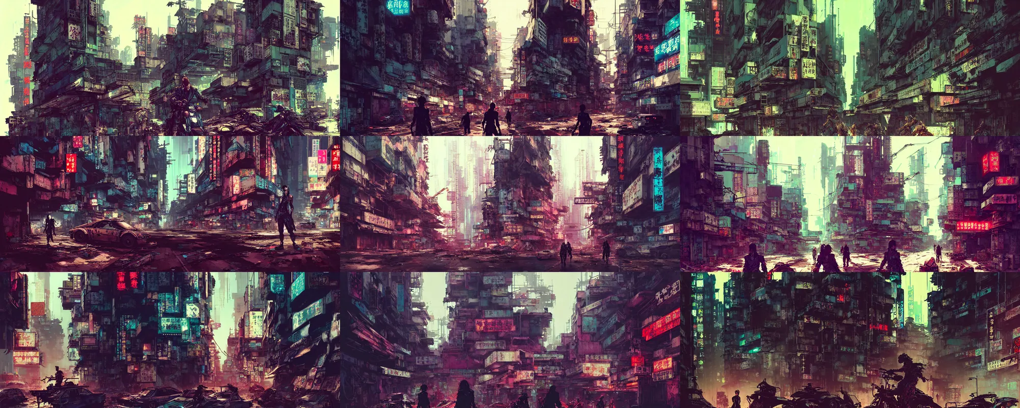 Prompt: hyper - realistic cyberpunk portrait of abandoned kowloon, lots of signs, extreme detail, alluring, in style of yoji shinkawa, pan ren wei, col price, atey ghailan, by greg rutkowski, by greg tocchini, by james gilleard, by joe fenton, by kaethe butcher, grunge aesthetic