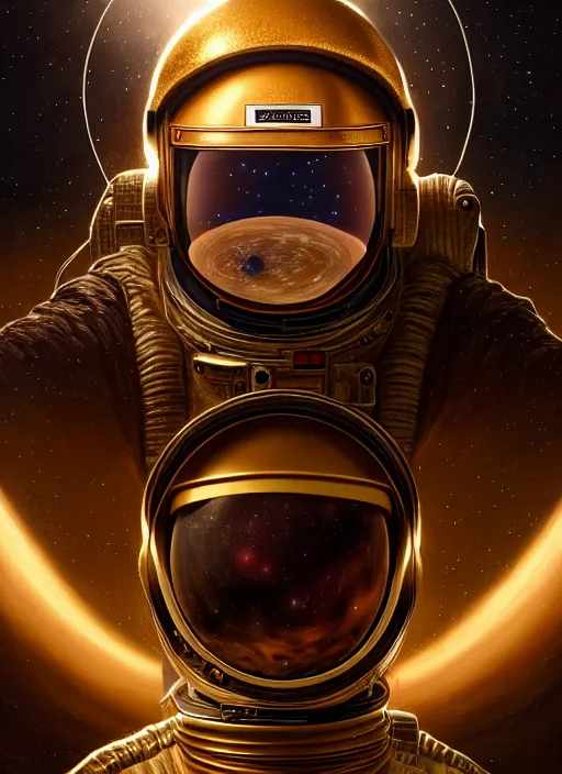 Prompt: extremely detailed studio portrait of space astronaut, full body, soft light, golden glow, diffuse lighting, fantasy, intricate, surrealism!!!!, highly detailed, lifelike, photorealistic, digital painting, artstation, illustration, concept art, smooth, sharp focus, by greg rutkowski, chris tulloch mccabe, valentina remenar and asher duran,