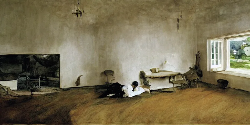 Prompt: Inside the house by the sea, in summer, a painting by Andrew Wyeth