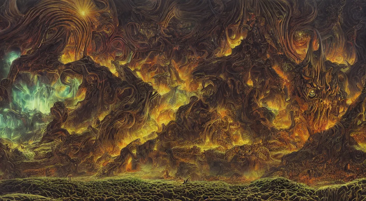 Image similar to a beautiful detailed portrait of satan with long horns and fiery vortex eyes in the foreground, in a vast cosmic hellscape by roger dean, by laurie lipton, detailed, realistic shadows, volumetric lighting, mythical, rendered in redshift, matte painting