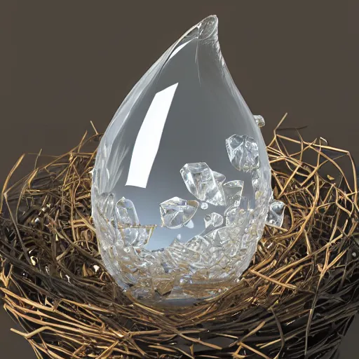 Prompt: crystal big pear in a nest, transparent, with light glares, reflections, photo realistic, photography, photorealism, ultra realistic, intricate, detail, rim light, depth of field, unreal engine, dslr, rtx, style swarovski, dior, faberge