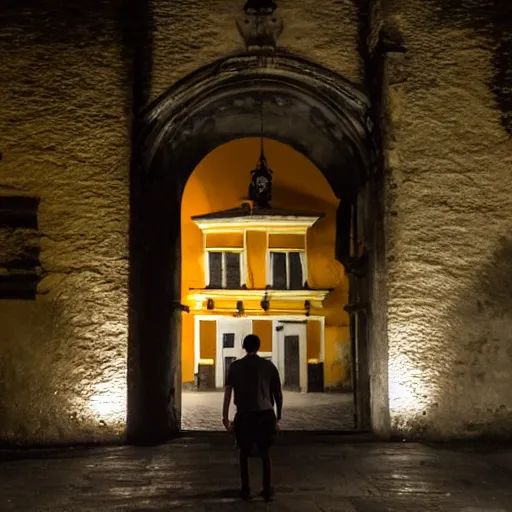 Prompt: a picture of a man standing in front an arch in antigua guatemala at night