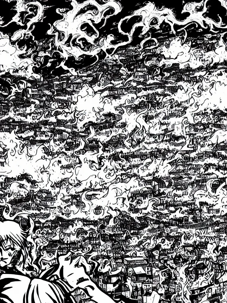 Image similar to field on fire, demons attacking humans, destroyed town in background, black and white, manga