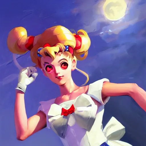 Image similar to greg manchess portrait painting of sailor moon as overwatch character, medium shot, asymmetrical, profile picture, organic painting, sunny day, matte painting, bold shapes, hard edges, street art, trending on artstation, by huang guangjian and gil elvgren and sachin teng